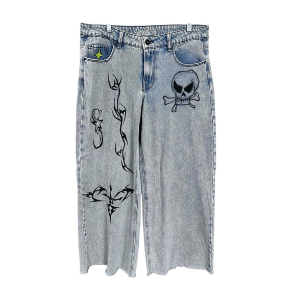 ALAB Skull Rave Jeans Ultra Wide Leg Embroidered Denim Pants Size 10 Y2K Blue - Picture 1 of 8